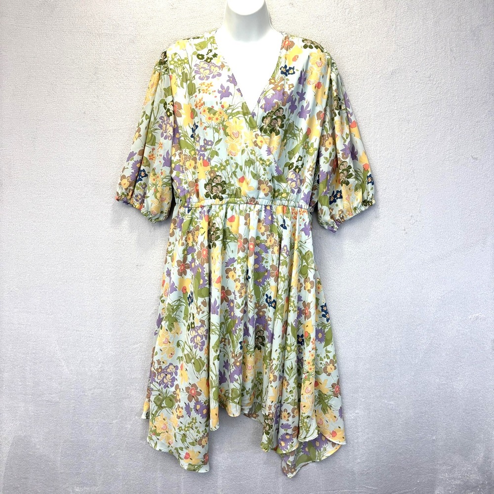 Parker & Rowe Sharkbite Dress Womens XL Pastel Floral Puff Sleeve Surplice Hanky